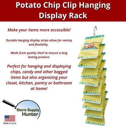 Store Supply Hunter Single Strip Hanging Potato Chip Candy Snack Display Rack 12 Clip in White, Potato Chips Bag Holder Rack, Countertop