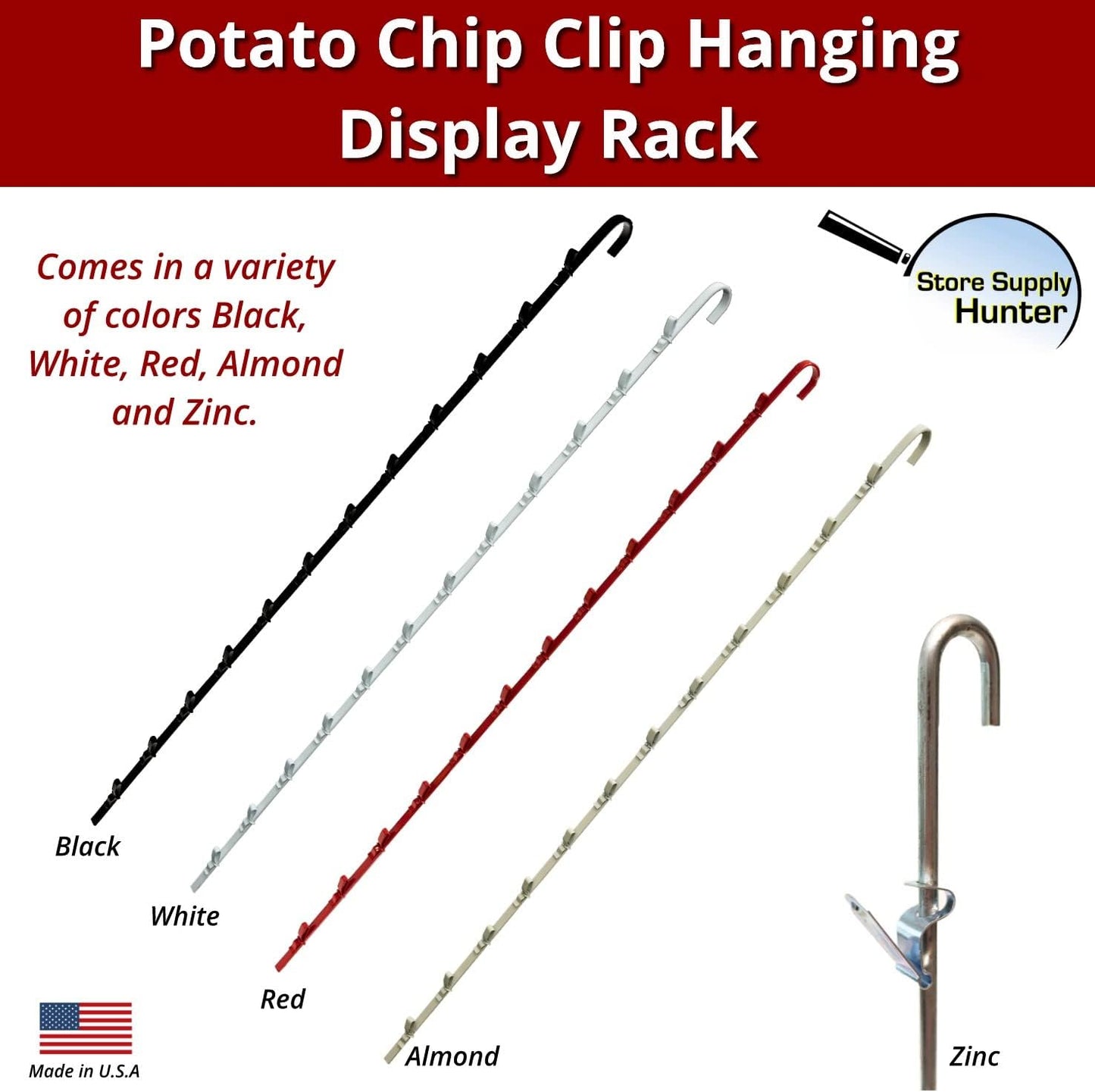 Store Supply Hunter Single Strip Hanging Potato Chip Candy Snack Display Rack 12 Clip in White, Potato Chips Bag Holder Rack, Countertop