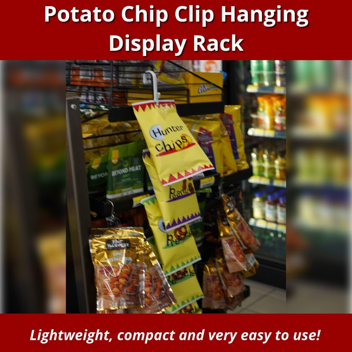 Store Supply Hunter Single Strip Hanging Potato Chip Candy Snack Display Rack 12 Clip in White, Potato Chips Bag Holder Rack, Countertop