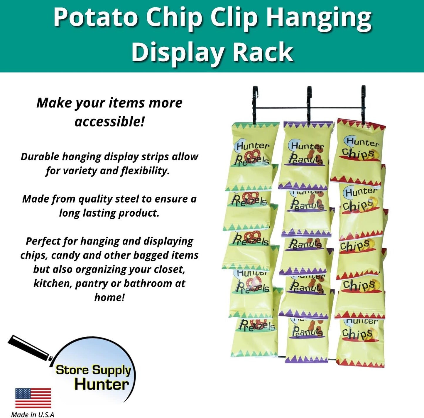 Triple Strips 39 Clip Potato Chip, Candy & Snack Hanging Display Rack in Black, Portable Potato Chip Bag Holder, Greeting Card Display Rack, Retail Stand for Stores