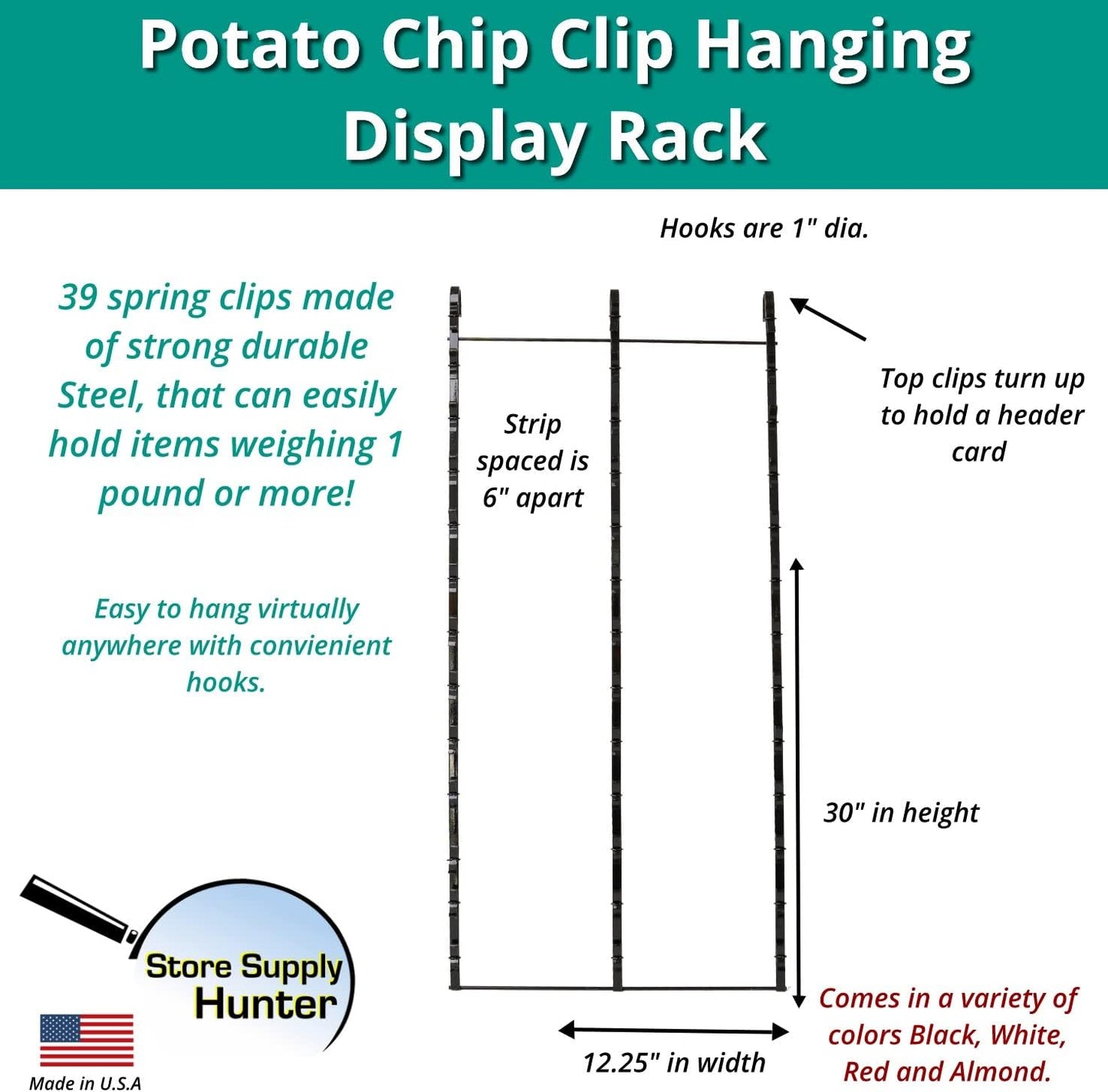 Triple Strips 39 Clip Potato Chip, Candy & Snack Hanging Display Rack in Black, Portable Potato Chip Bag Holder, Greeting Card Display Rack, Retail Stand for Stores