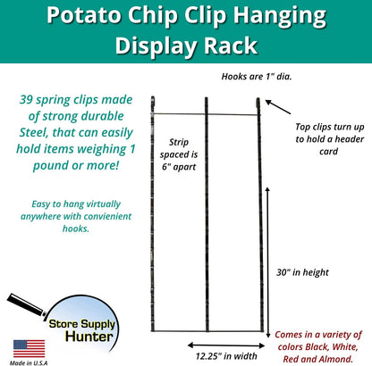 Triple Strips 39 Clip Potato Chip, Candy & Snack Hanging Display Rack in Black, Portable Potato Chip Bag Holder, Greeting Card Display Rack, Retail Stand for Stores