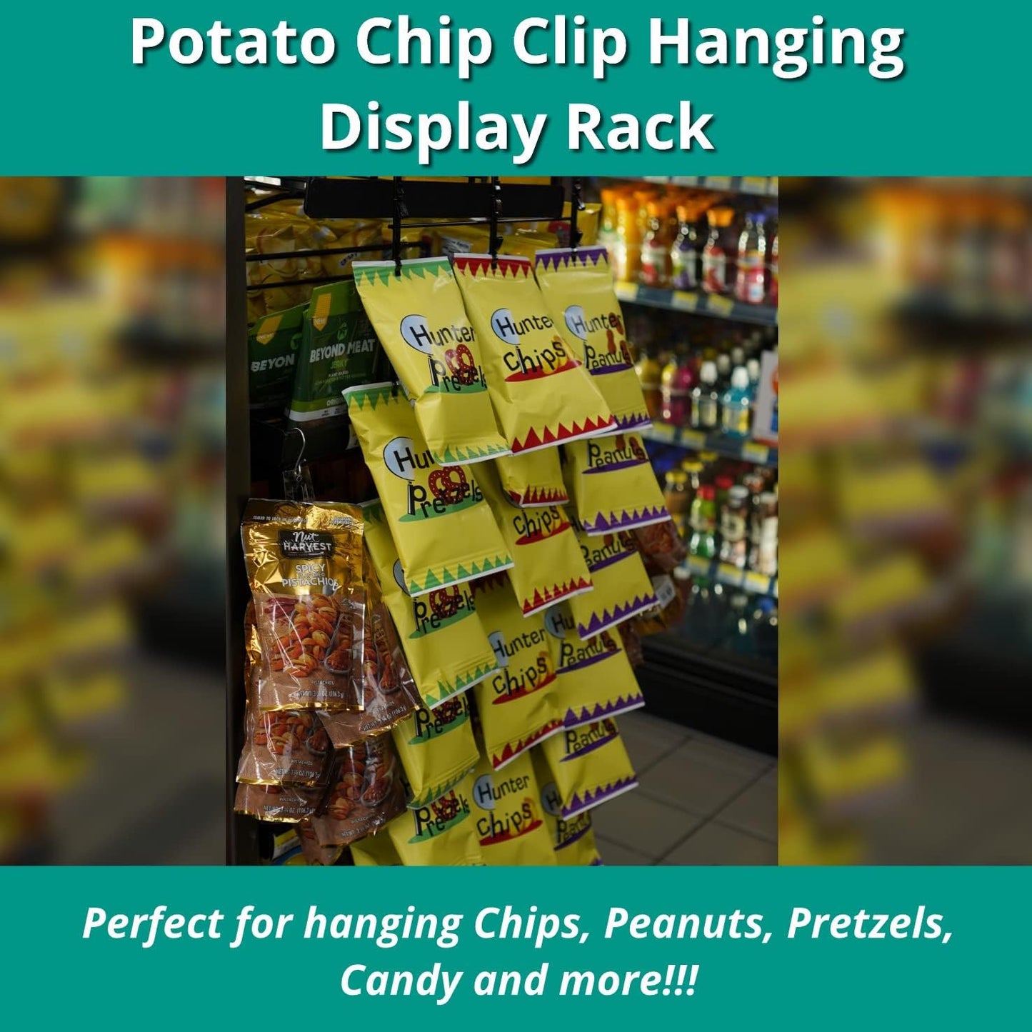 Triple Strips 39 Clip Potato Chip, Candy & Snack Hanging Display Rack in Black, Portable Potato Chip Bag Holder, Greeting Card Display Rack, Retail Stand for Stores