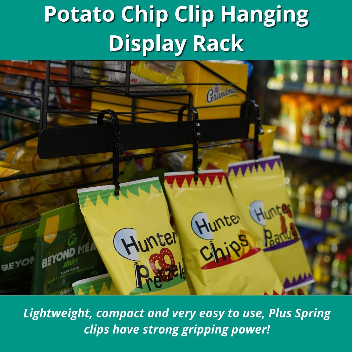 Triple Strips 39 Clip Potato Chip, Candy & Snack Hanging Display Rack in Black, Portable Potato Chip Bag Holder, Greeting Card Display Rack, Retail Stand for Stores