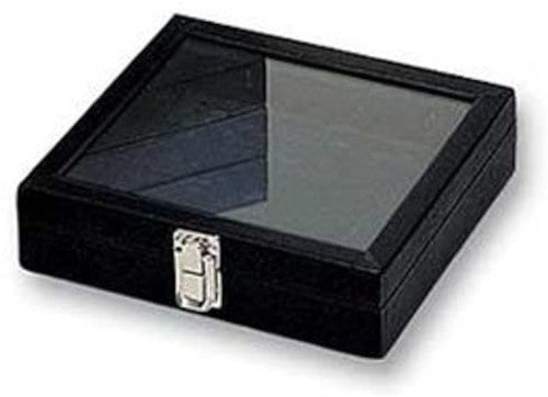 Glass Top Jewelry Tray in Black Faux Leather 8.25 L x 7.25 W x 1.75 H Inches