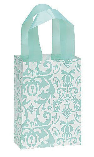 Plastic Small Shopping Bags in Aqua Damask 5 x 3 x 7 Inches - Pack of 100
