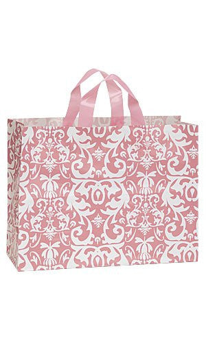 Large Pink Damask Frosted Plastic Shopping Bag 
