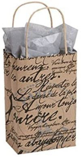 Paris Script Small Paper Shopping Bags 5.25 x 3.25 x 8.75 Inches - Count of 100
