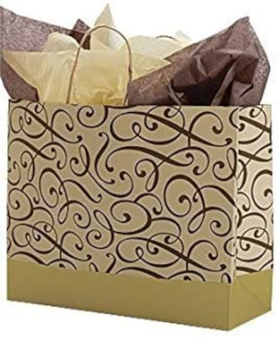 Swirl Large Paper Shopping Bags in Gold 16 x 6 x 12 Inches - Count of 25