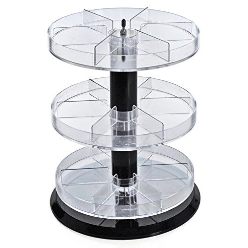 3 Tier Plastic Cosmetic Display in Clear 11 Dia x 13.5 H Inches with Dividers