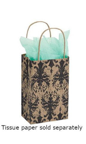 Distressed Damask Paper Shopping Bags 5.25 x 3.25 x 8.75 Inches - Box of 100