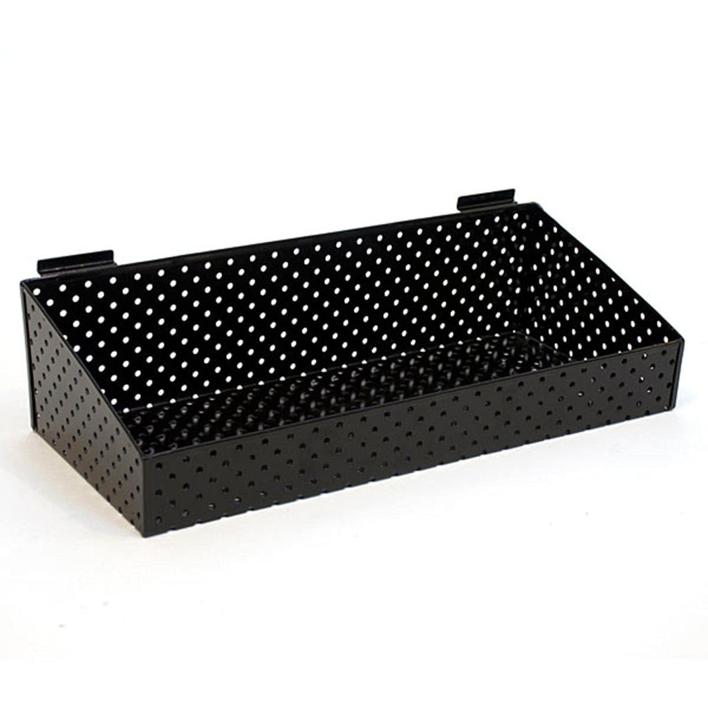 Perforated Metal Basket in Black 24 W x 10 D x 3 H to 6 H Inches for Slatwall