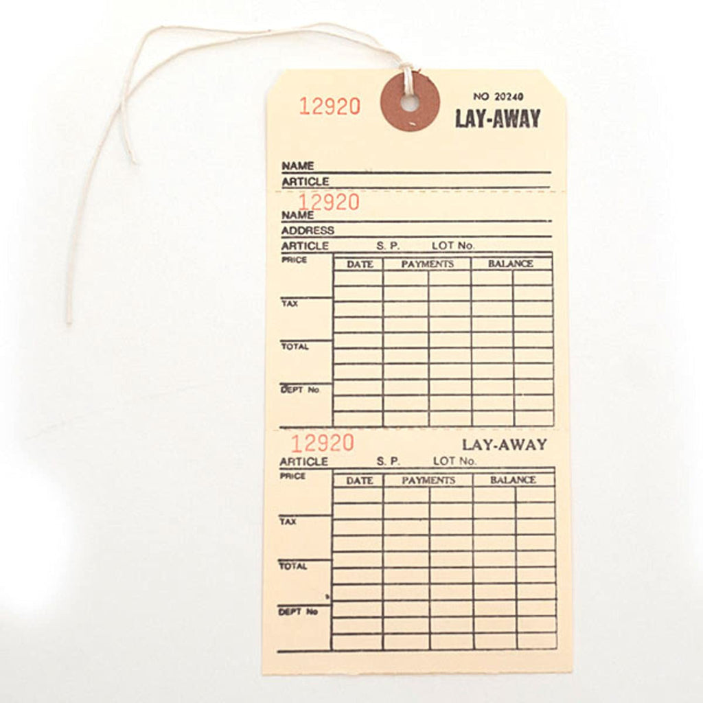 3 Part Lay Away Tags 3.125 x 6.25 Inches with String - Box of 500