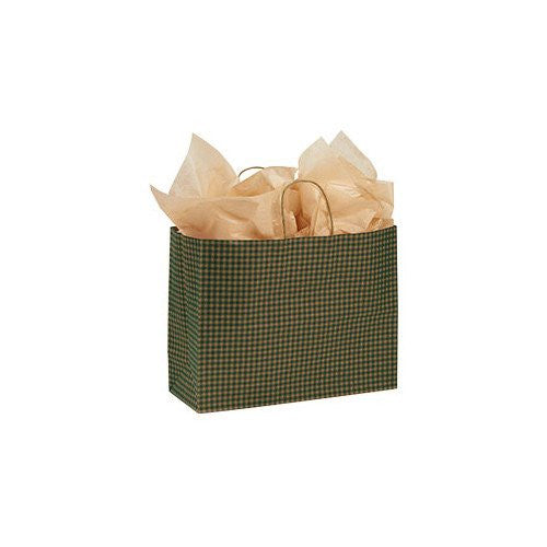 Green Gingham Large Paper Shopping Bags 16 x 6 x 12 Inches - Count of 100