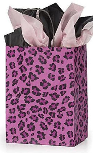 Leopard Medium Paper Shopping Bags in Pink 8 x 4.5 x 10.25 Inches - Case of 100