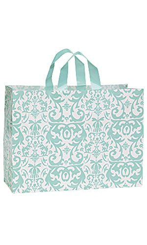 Plastic Large Shopping Bags in Aqua Damask 16 x 6 x 12 Inches - Box of 100