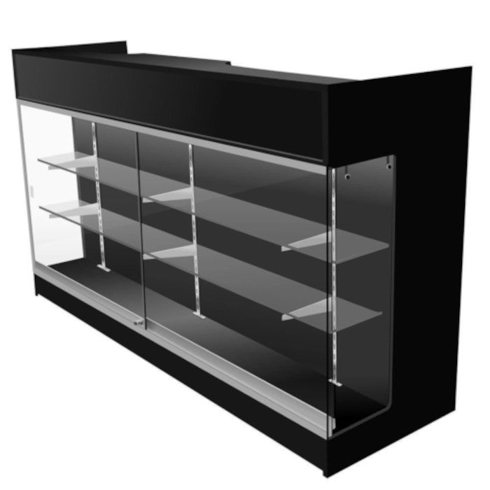 Black Ledgetop Counter 72 W x 22 D x 42 H Inches with 2 Glass Shelves